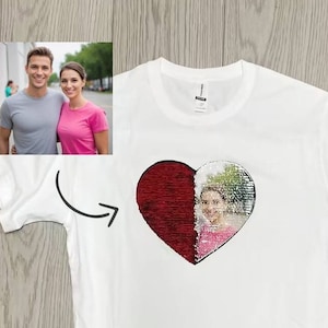 Custom Valentine Sequin T-Shirt, Gift For Girlfriend, Valentines Day Shirt, Heart Shaped Sequin With Picture Shirt, Anniversary Gift image 1
