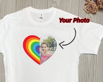 Custom LGBT Reversible Sequin T-Shirt, Gift for Gay Couple, Gay Shirt, Heart Shaped Sequin With Picture Shirt, LGBTQ Tee, Rainbow Shirt