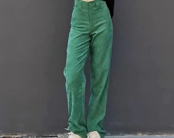 Green Corduroy Pants Straight Wide Leg 