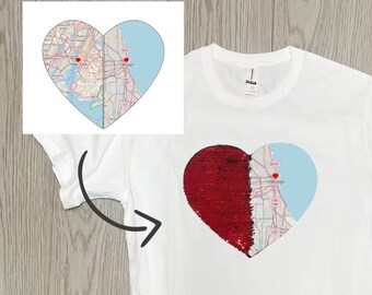 Camiseta personalizada con lentejuelas y mapa, regalo para novia, San Valentín, corazón con lentejuelas y foto, regalo de aniversario.