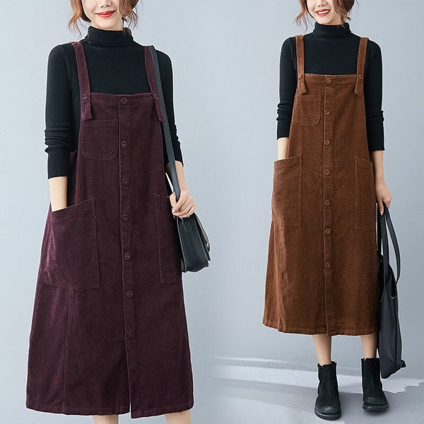 Loose Corduroy Dress, Vintage Corduroy Overalls Dress, Women Casual Corduroy Back Dress, 80s Corduroy Overall Dress with Pockets