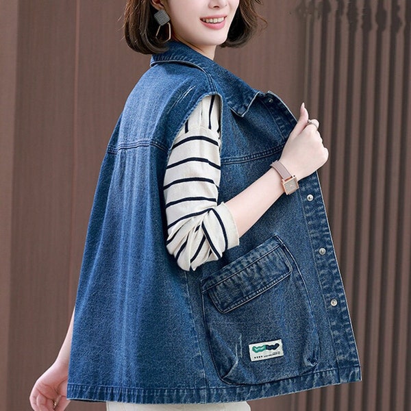 Loose Denim Vest, Soft Washed Denim Vest, Women Casual Cotton Jacket, Vintage Oversized Denim Sleeveless Jacket, Standing Collar Denim Vest