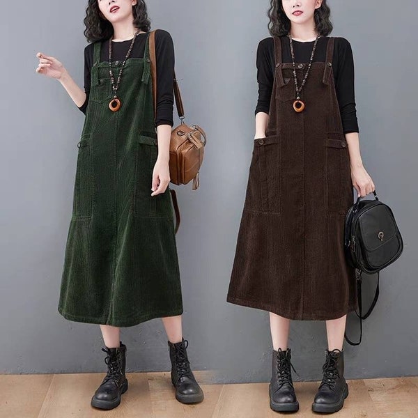 Retro Solid Corduroy Dress, Women Loose Corduroy Dress, Plus Size Corduroy Dress With Pockets, Winter Simple Corduroy Strappy Dress