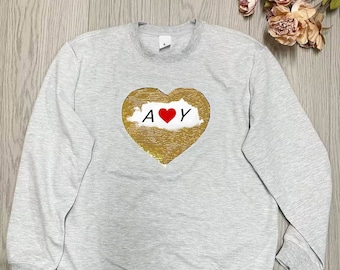 Custom Letterr Sequin Sweatshirt, Custom Valentine Gift, Custom Picture Sweatshirt, Couple Name Shirt, Heart Sequin With Picture Shirt