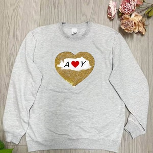 Custom Letterr Sequin Sweatshirt, Custom Valentine Gift, Custom Picture Sweatshirt, Couple Name Shirt, Heart Sequin With Picture Shirt