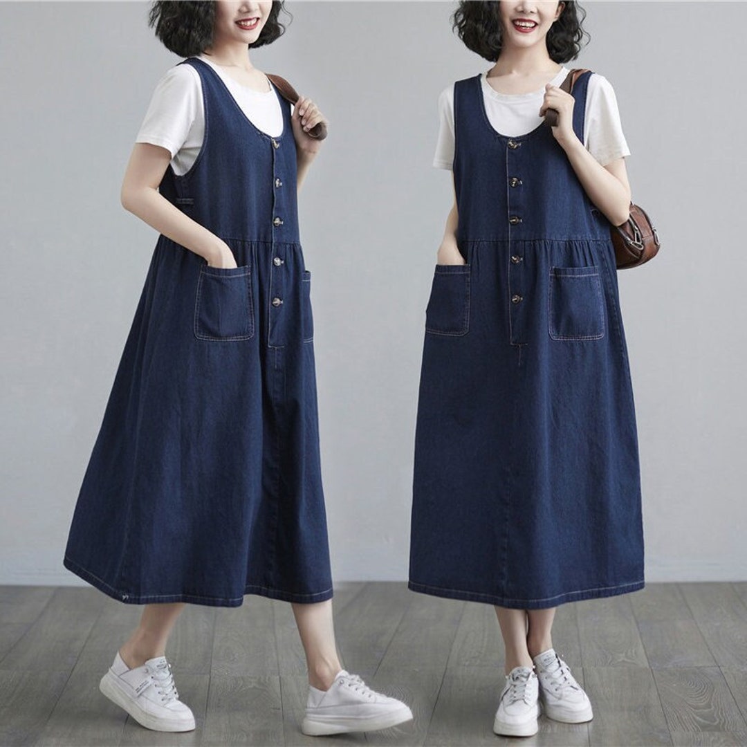 Summer Denim Overalls Dress, Women Loose Denim Dress, 80s Vintage