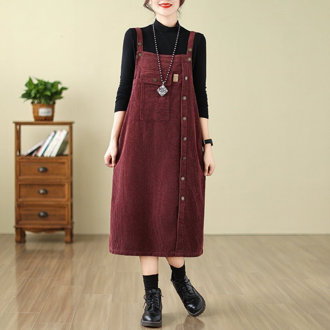 Women's Corduroy Loose Vintage Big Pocket Dress