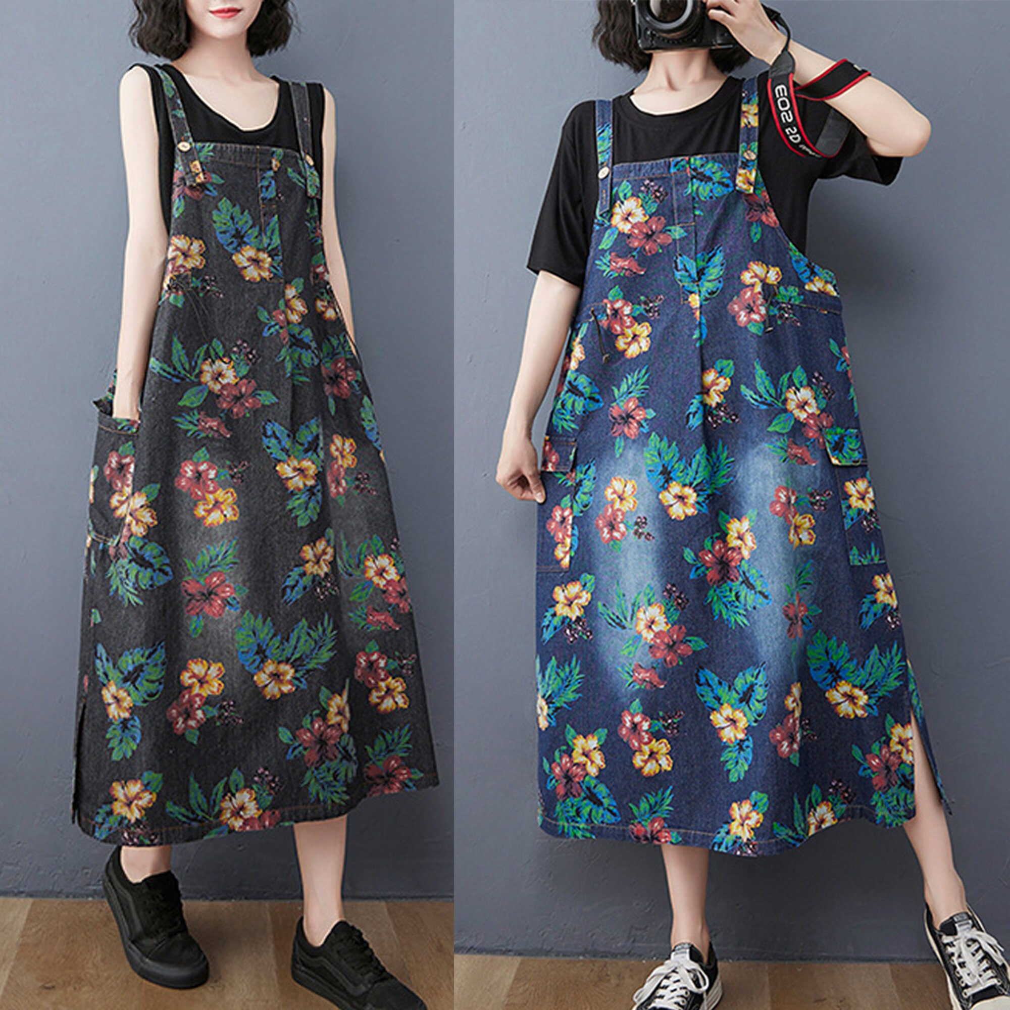 Printed Overalls Dress Vintage Denim 