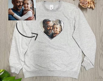 Custom Sequin Father's Day Sweatshirt, Custom Father's Day Gift, Custom Picture Sweatshirt, Heart Shaped Sequin With Picture Shirt