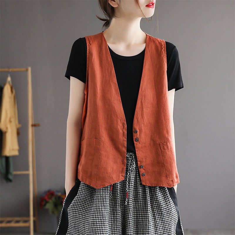 Orange Linen Vest/ Summer Vintage Vest/ Casual Linen Clothing/ - Etsy