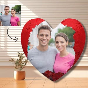 Custom Heart Valentine Sequin Pillow, Photo Heart Shape Sequin Pillow, Custom Lovers Gift, Personalized Photo Gift, Magic Pillow