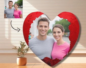 Custom Heart Valentine Sequin Pillow, Photo Heart Shape Sequin Pillow, Custom Lovers Gift, Personalized Photo Gift, Magic Pillow