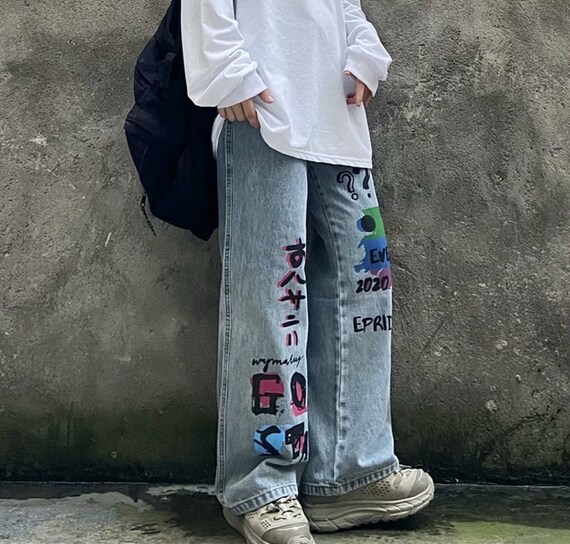 Graffiti Denim Jeans Streetwear Y2K Pants Loose Straight | Etsy