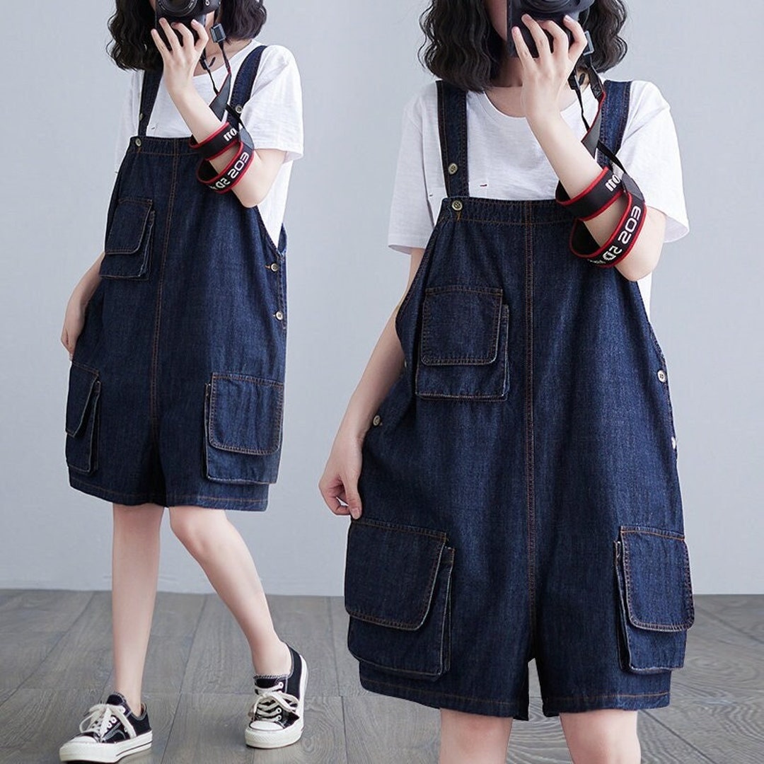 Blue Shorts Denim Overalls, Plus Size Overalls, Wide Leg Overalls