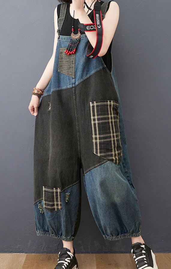 Vintage Plaid Denim Overalls Wide Leg Romper 90s Vintage