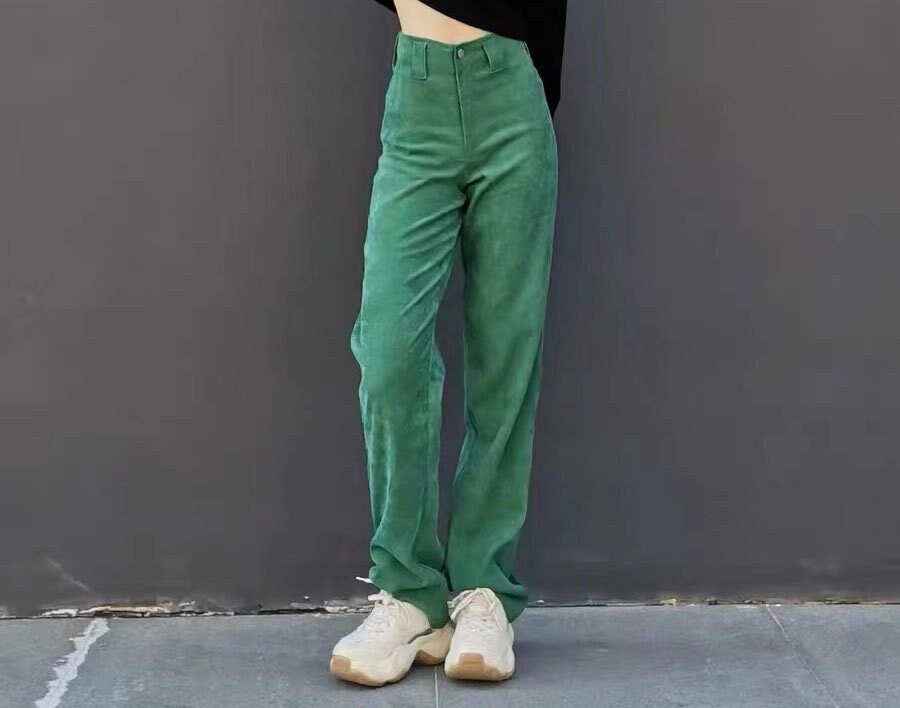 Green Corduroy Pants Straight Wide Leg 