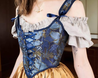 Vintage Blue Gold Floral Overbust Corset,Renaissance Lace-Up Bustier Top with Adjustable Shoulder Straps,Steampunk Waist Trainer