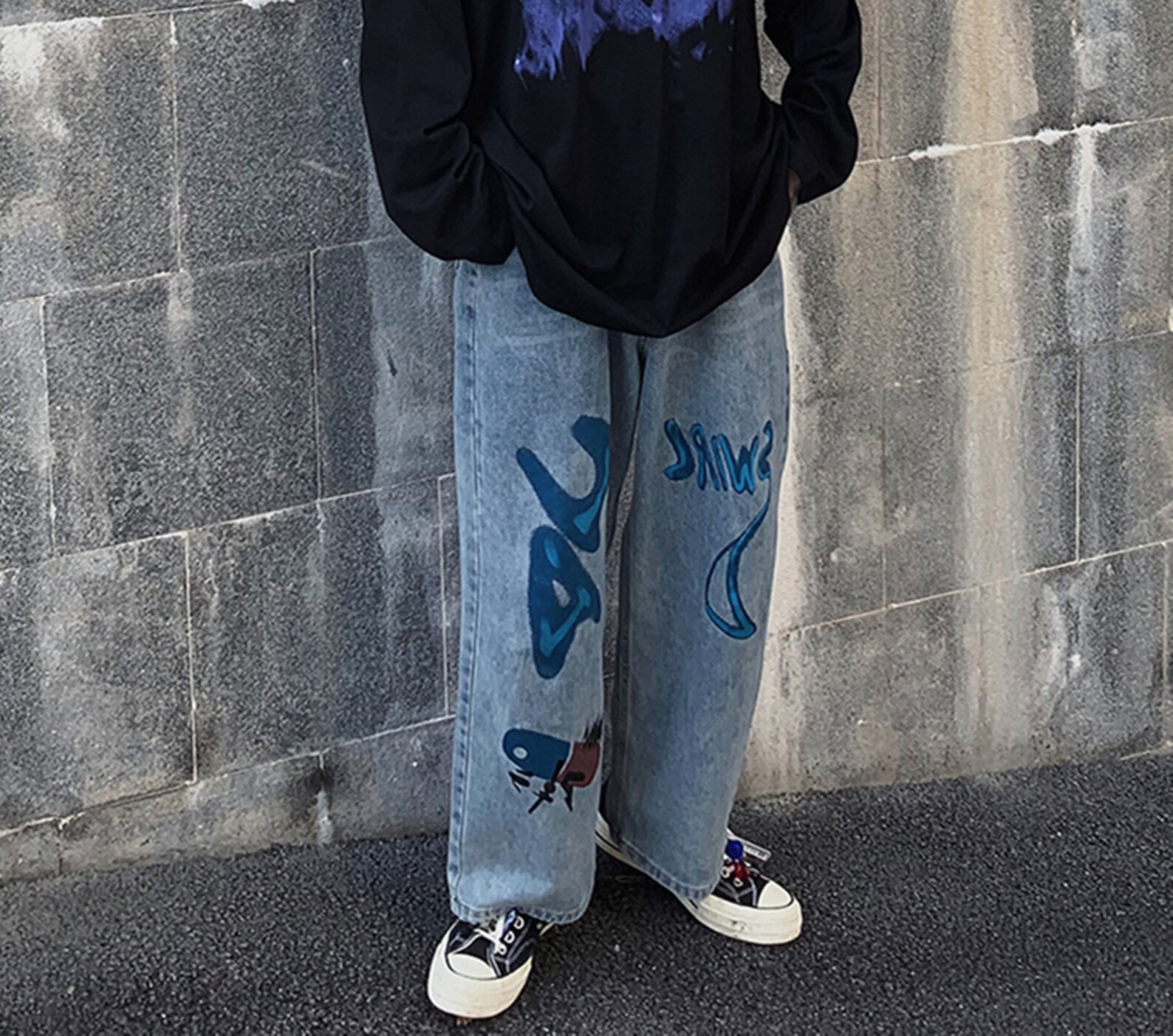 Street Graffiti Denim Jeans Baggy High Waist Pants Retro Etsy