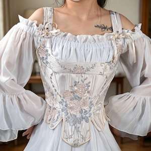 Vintage Floral Off Shoulder Corset Top, Cottagecore Ruffle Bell Sleeve Lace Up,Bustier Waist Shaping Bodice for Women