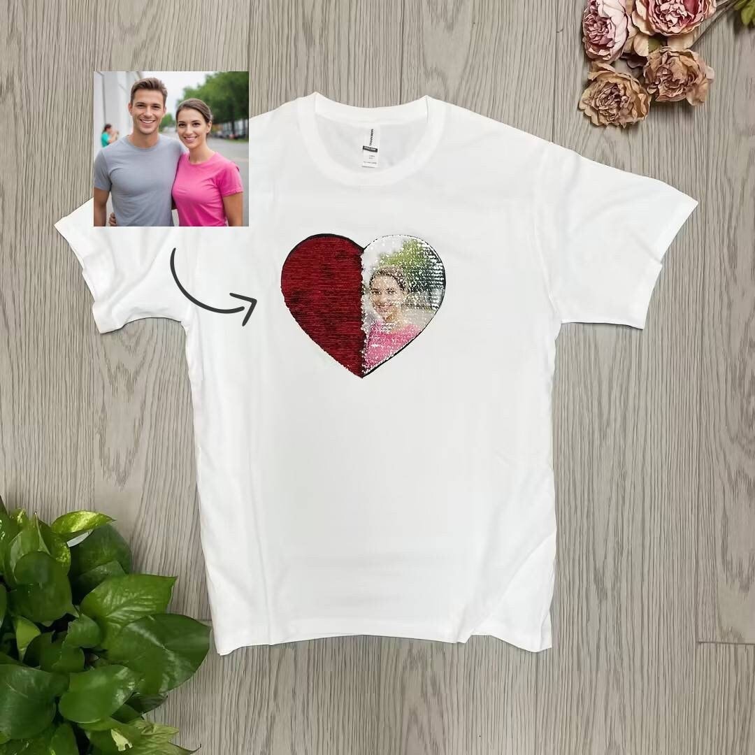 Custom Valentine Sequin T-Shirt, Gift For Girlfriend, Valentines Day Shirt, Heart Shaped Sequin With Picture Shirt, Anniversary Gift