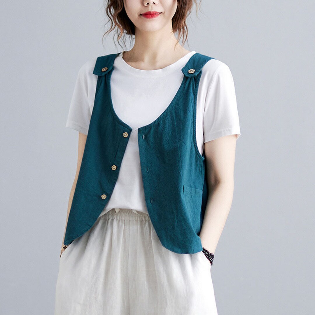 Lake Blue Linen Vest/ Summer Vintage Vest/ Casual Linen Clothing/ 80s