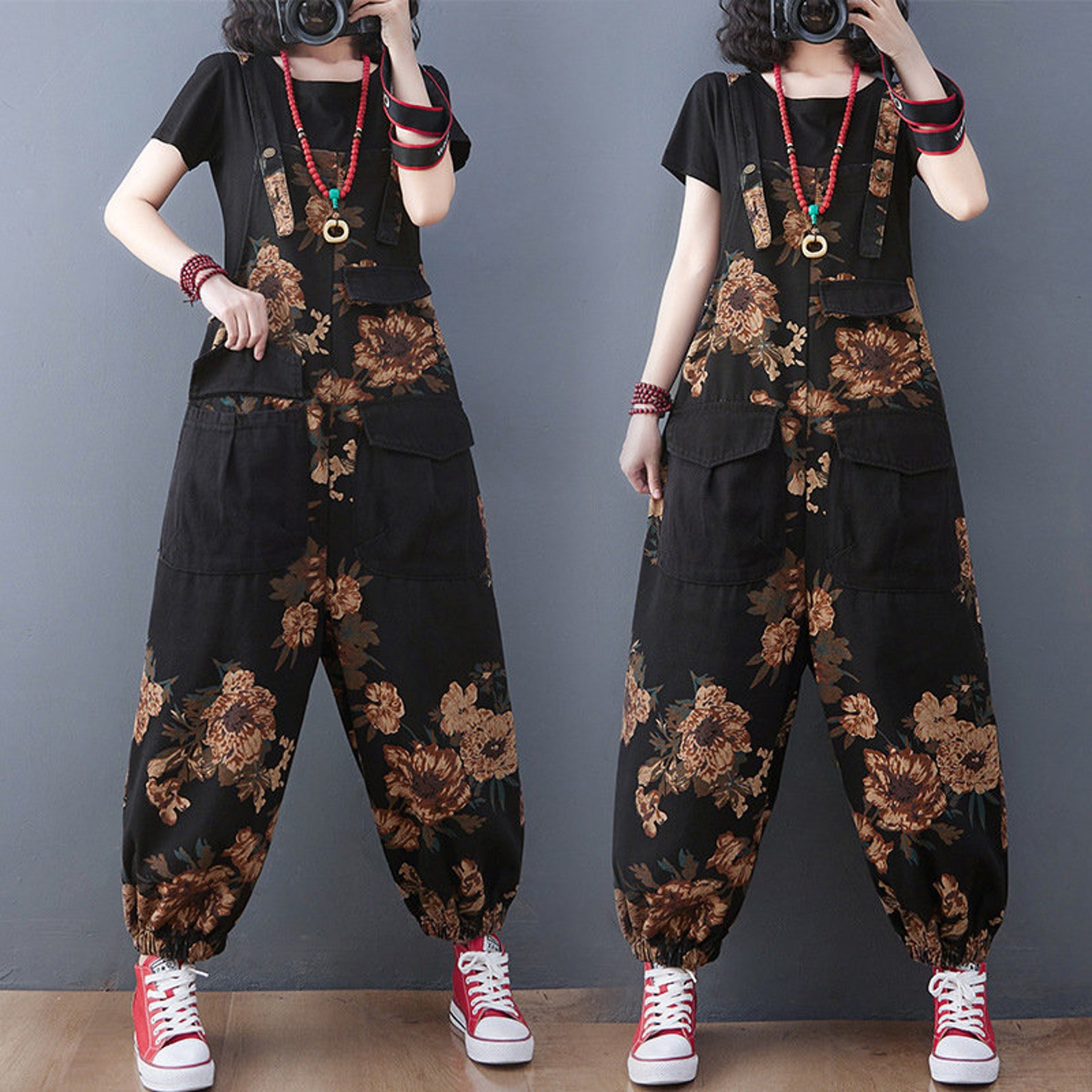 Black Print Denim Overalls Plus Size Overalls Womens Baggy Etsy