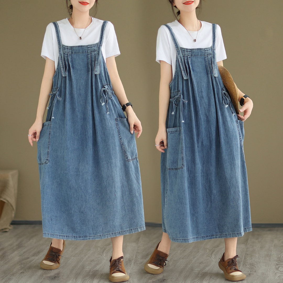 Robe salopette en jean vintage d'?�t?�, robe salopette d?�contract?�e pour femme, robe en jean ?� 