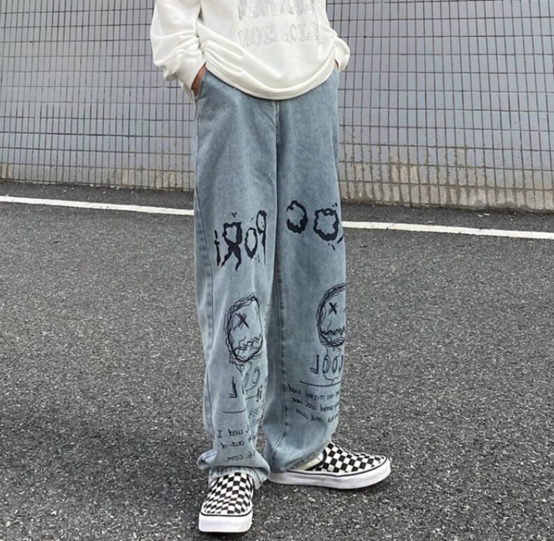 Graffiti Print Denim Jeans 90s Baggy Pants Women Harajuku - Etsy