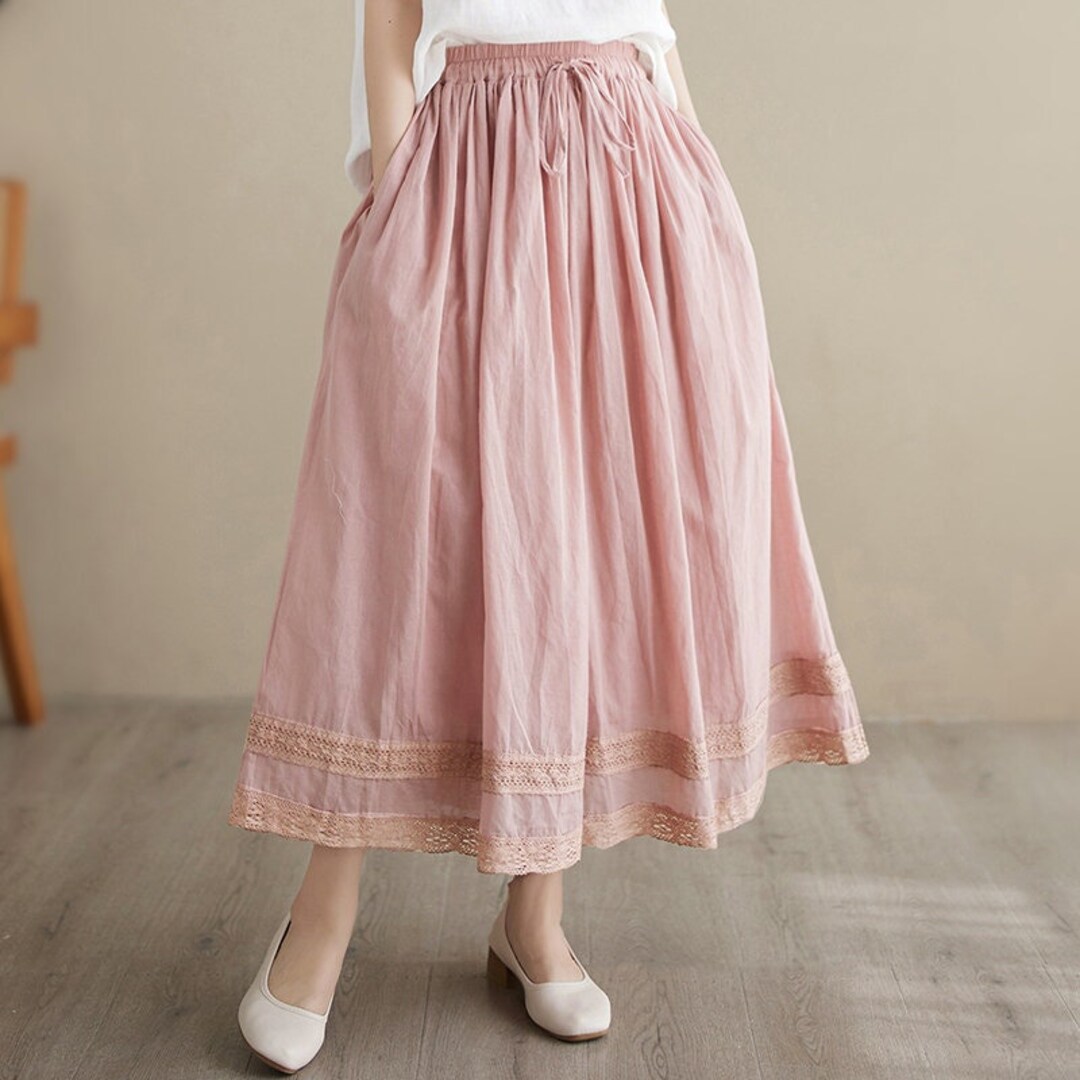 Embroidered Linen Skirt, Vintage Cotton Linen Dress, Loose Cotton Midi Skirt, Large Size Linen