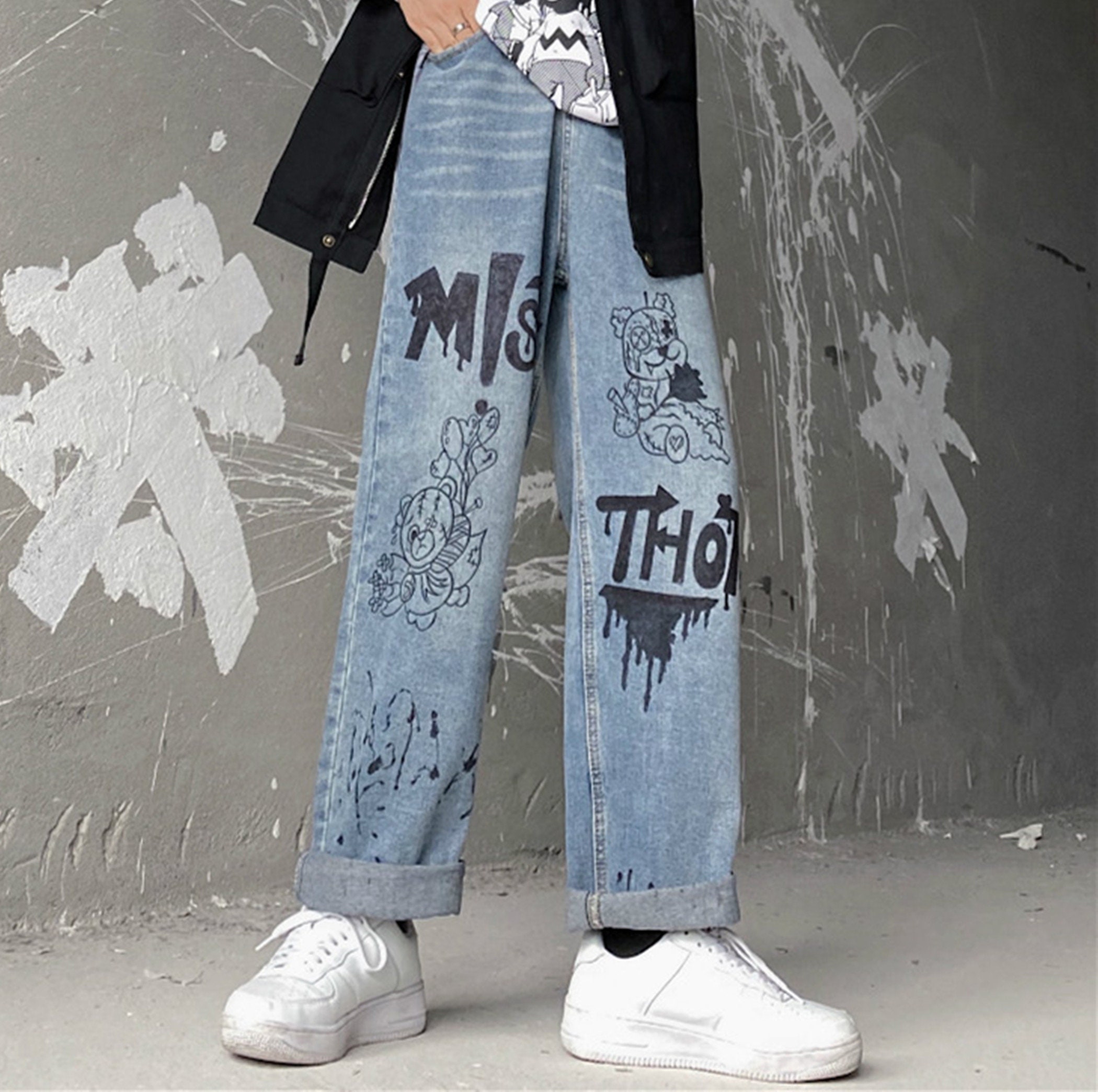 Personalized Graffiti Denim Jeans Baggy High Waist Pants Etsy UK