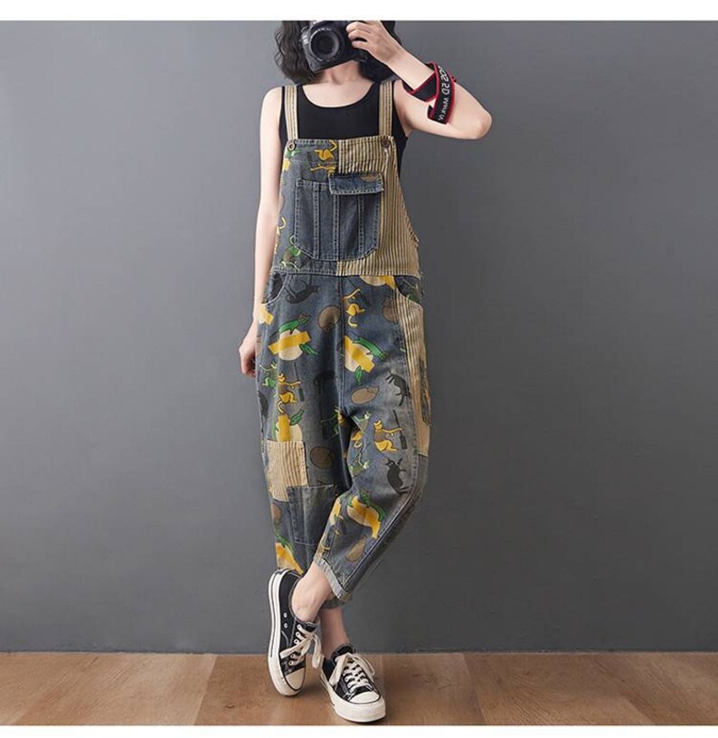 Floral Print Denim Overalls Plus Size Overalls Womens Baggy Etsy