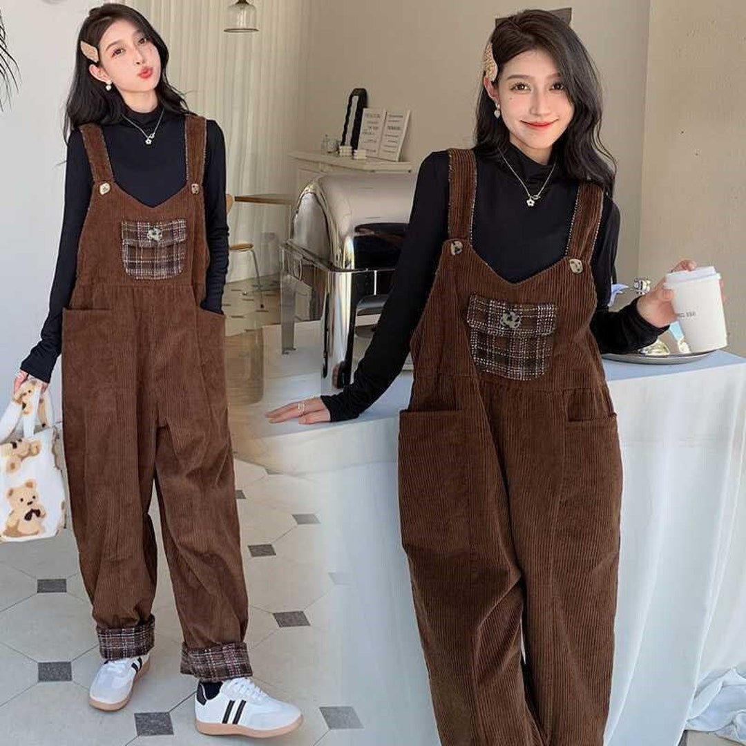 Brown Vintage Corduroy Overalls, Simple Plaid Corduroy Overalls, Women ...