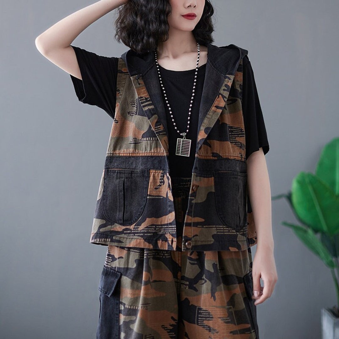 Printed Denim Vest Women Large Size Denim Cotton Vest Etsy