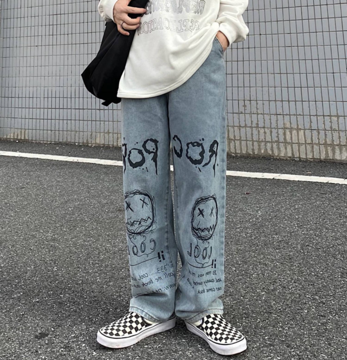 Graffiti Print Denim Jeans 90s Baggy Pants Women Harajuku Etsy