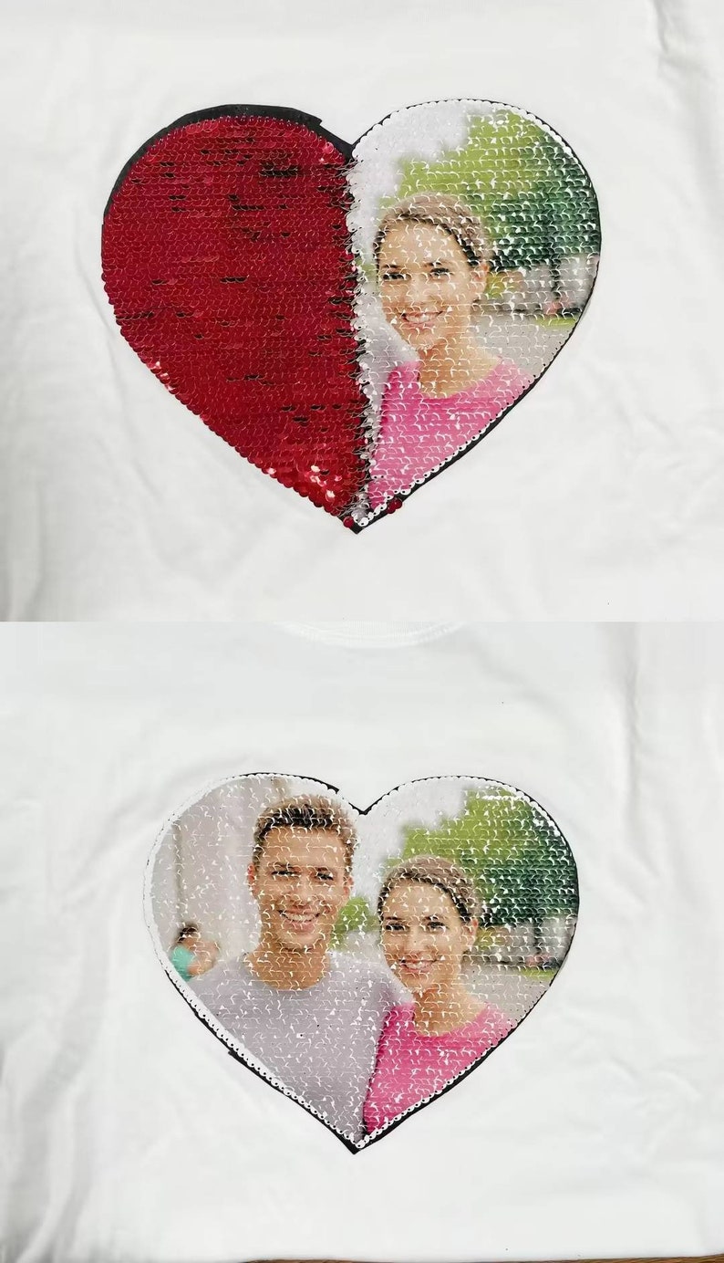 Custom Valentine Sequin T-Shirt, Gift For Girlfriend, Valentines Day Shirt, Heart Shaped Sequin With Picture Shirt, Anniversary Gift zdjęcie 3