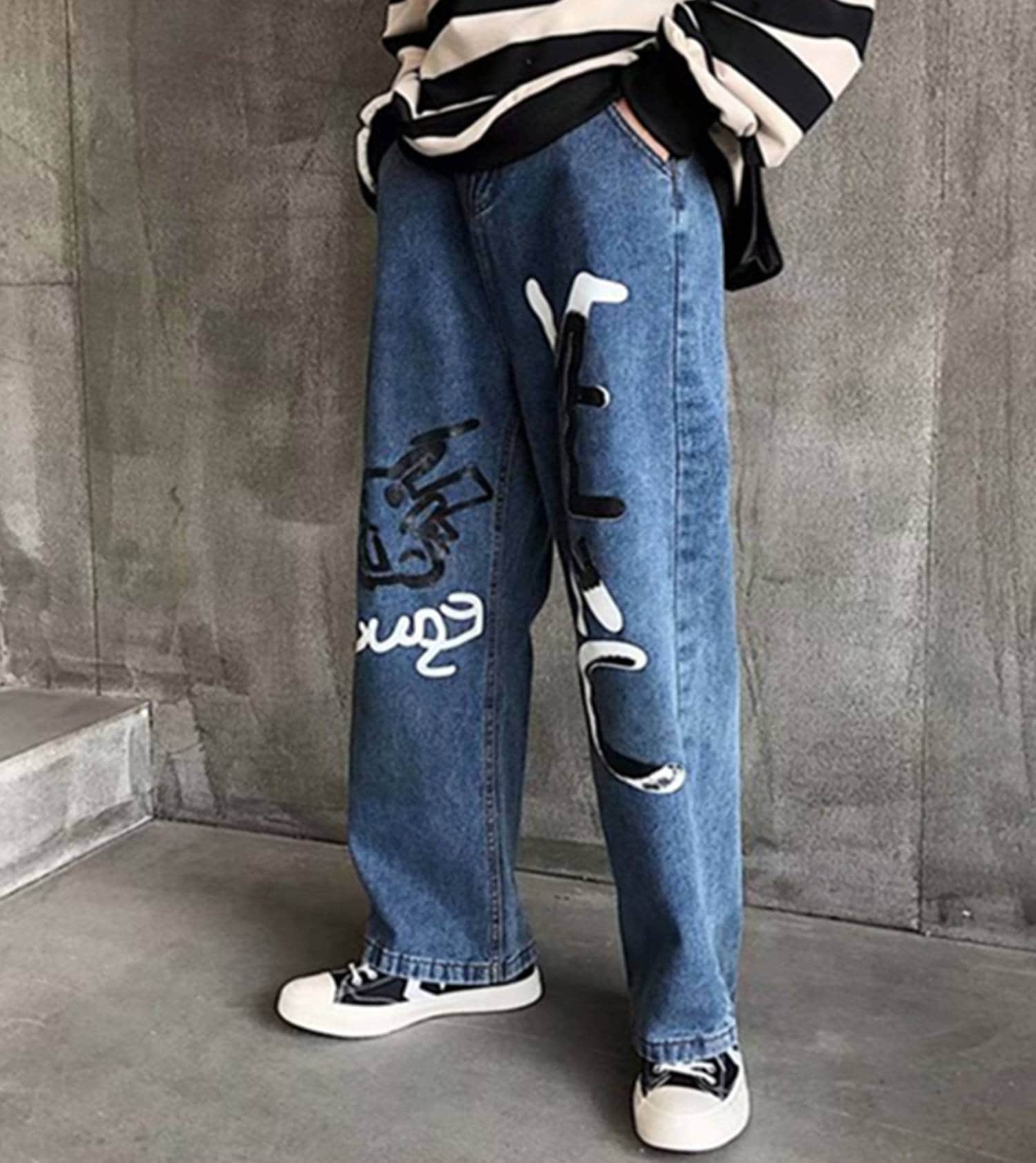 Street Graffiti Denim Jeans Casual Wide Leg Print Loose | Etsy