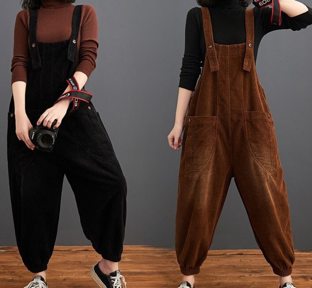 Vintage Corduroy Overalls, Wide Leg Corduroy Jumpsuit, Casual Jumpsuit