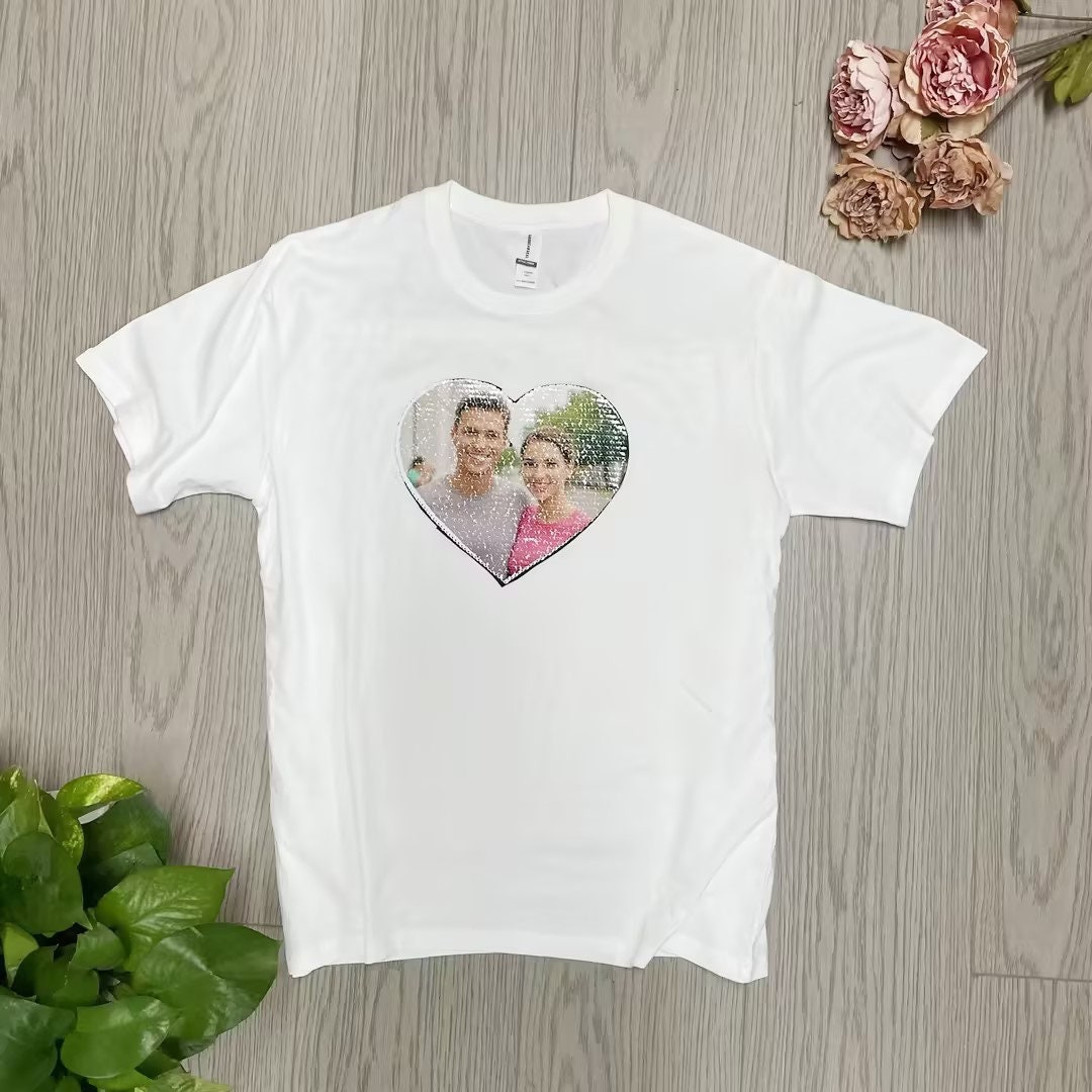 Valentine's Day Sequin T-Shirt for Her, Personalized Heart Design, Gift for Girlfriend, Anniversary Gift, Customizable Fashion Shirt