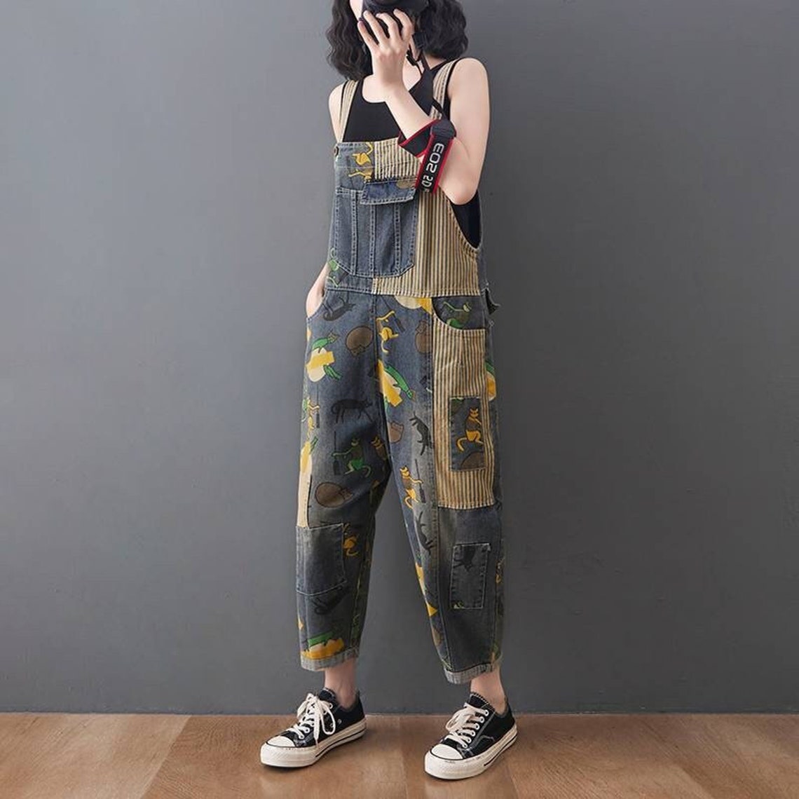 Floral Print Denim Overalls Plus Size Overalls Womens Baggy Etsy