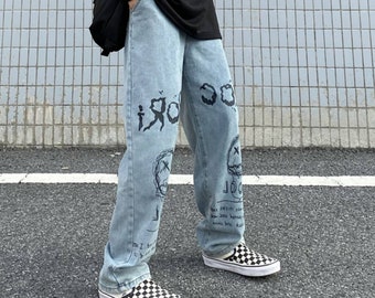 Graffiti Print Denim Jeans 90s Baggy 