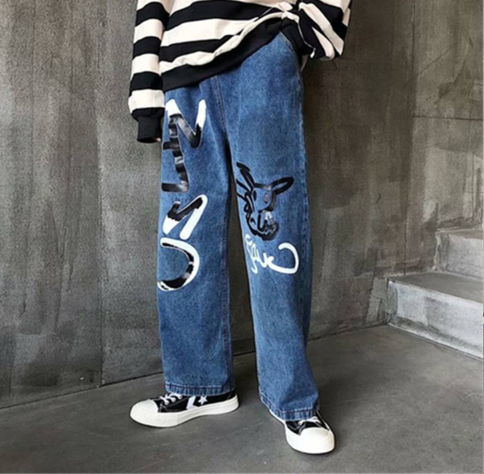 Street Graffiti Denim Jeans Casual Wide Leg Print Loose Etsy