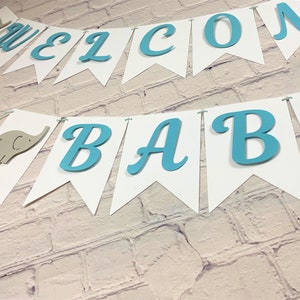 Personalized Welcome Home Baby Banner with elephant, baby shower, baby sprinkle, baby boy, teal, gray and white