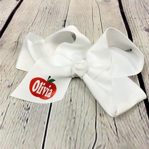 Personalized Apple Hair bow, Back to School bow, Fall Barrette, Custom Name White Grosgrain hairbow with alligator clip, 5 inch bow