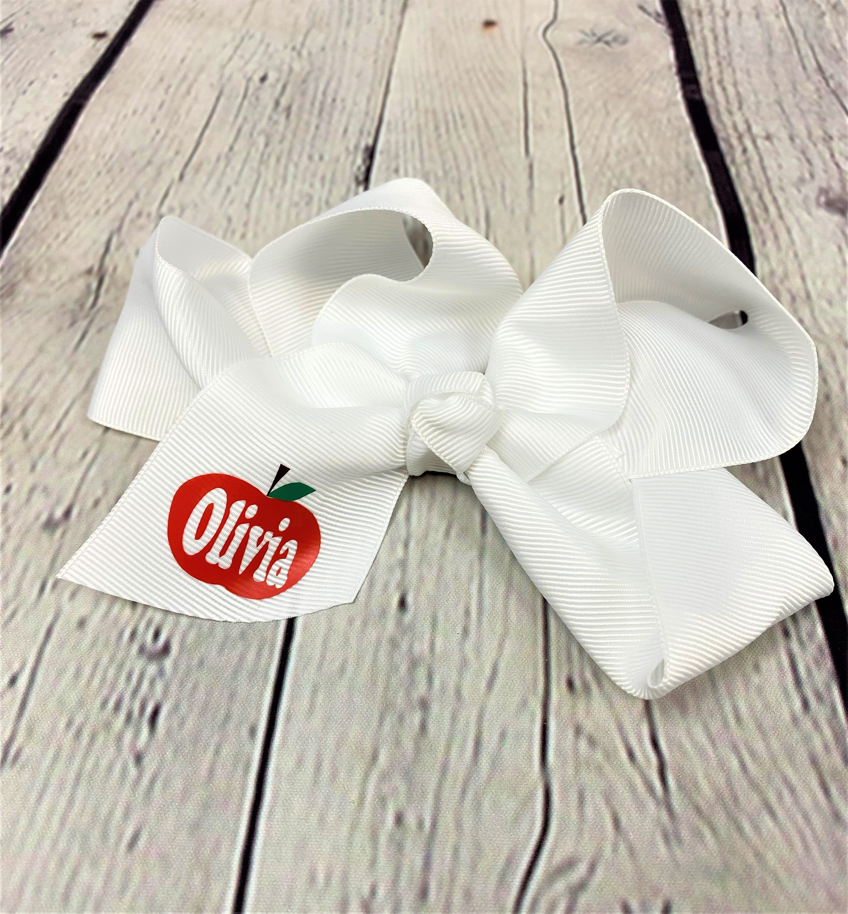 Personalized Apple Hair bow, Back to School bow, Fall Barrette, Custom Name White Grosgrain hairbow with alligator clip, 5 inch bow