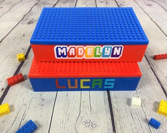 Personalized Storage Case for "Lego" or other blocks with 4 compartments and lid to build on