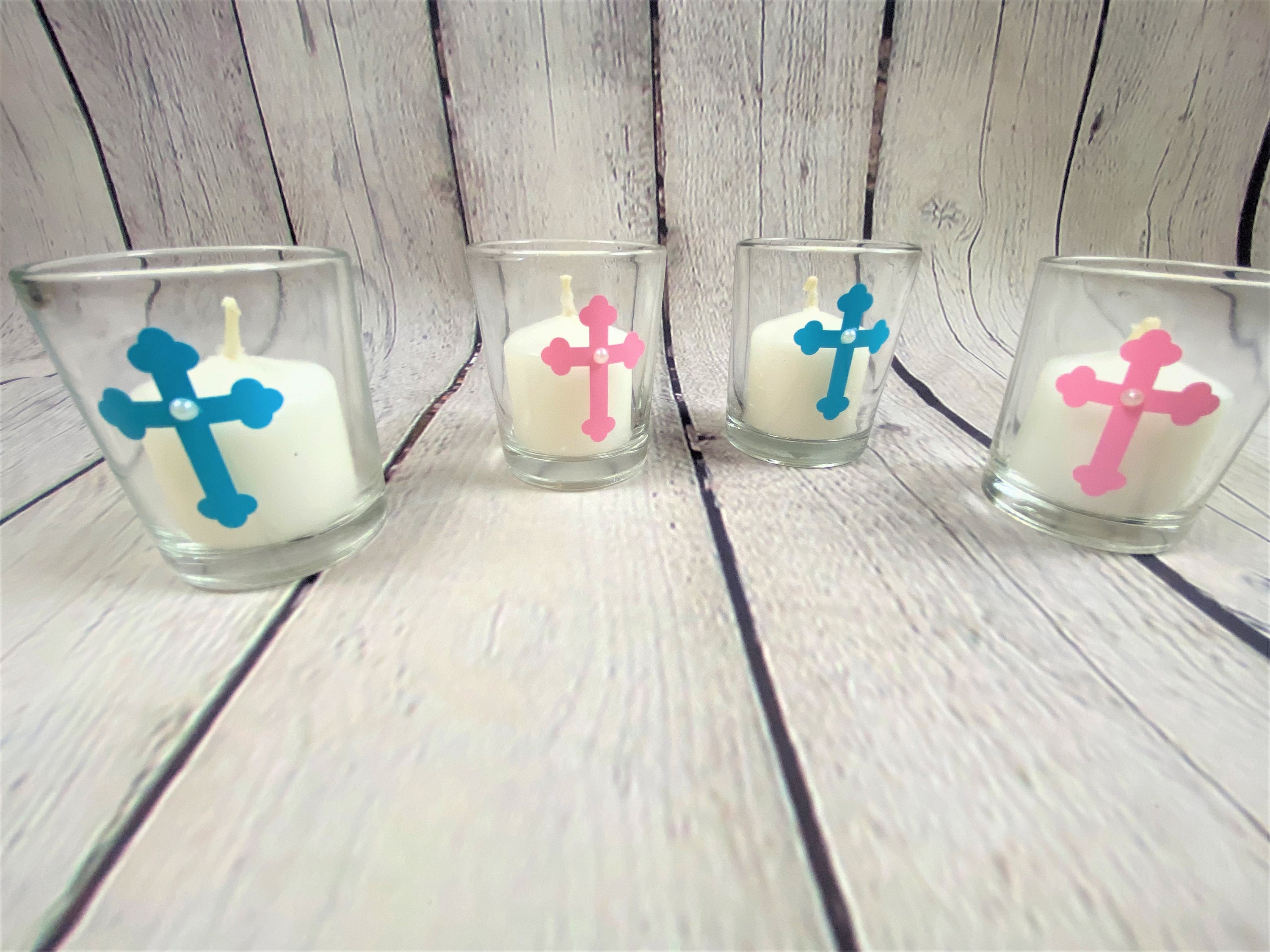 Cross Glass Votive Candels With White Candle Blue or Pink Etsy