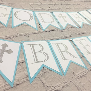 Personalized God Bless Banner, Baptism, Christening, Communion, Confirmation Banner, Blue or Pink, Silver and white, Decor, Photo backdrop