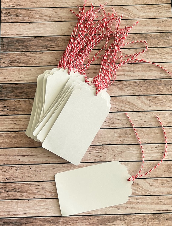 Pre-strung blank white rectangular gift tags, Christmas Tags, Wedding Tags, Price Tags, Birthday party tags, Favor Tags, red & white string