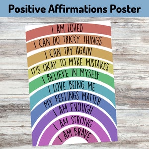 Positive Affirmations Printable, Children’s Wall Art Print, Educational Gift, Kids Daily Mantras, Rainbow Motivation Poster, Classroom Art