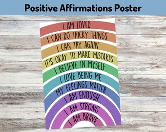 Positive Affirmations Printable, Children’s Wall Art Print, Educational Gift, Kids Daily Mantras, Rainbow Motivation Poster, Classroom Art